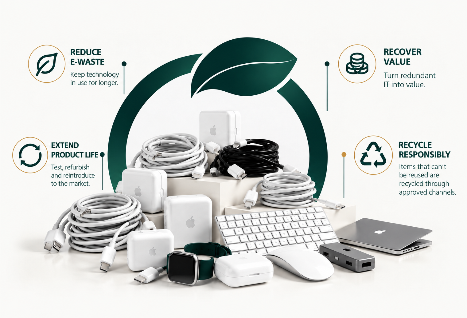 Computer accessories surrounded by a circular technology symbol illustrating reduced e-waste, extended product life, value recovery and responsible recycling